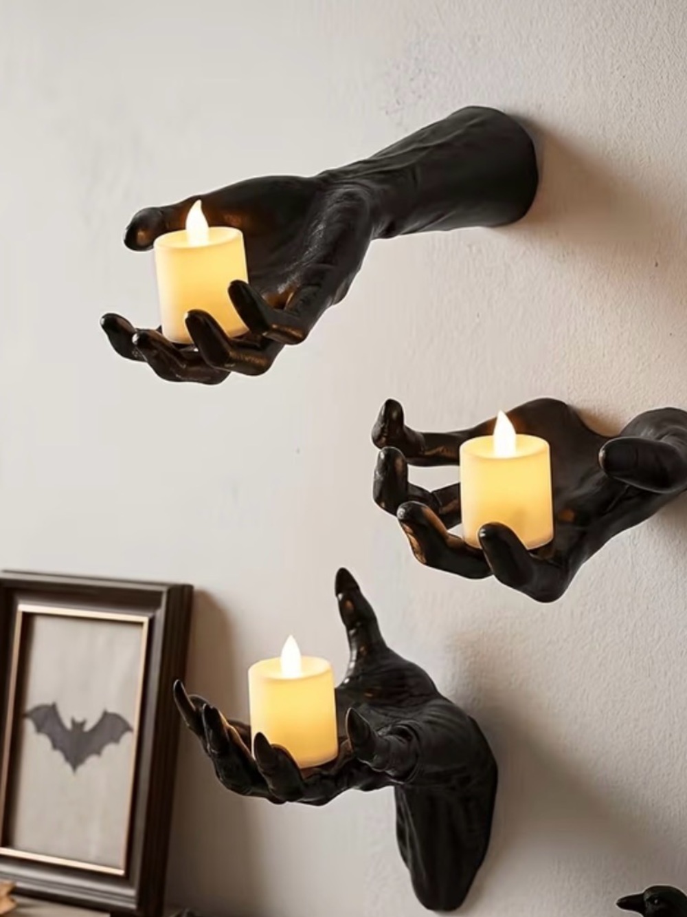 3-Pc Gothic Black Hand Wall Hanging Candlestick Set New